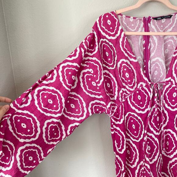 ZARA Fuschia Printed Mini Cotton Linen Dress 7521/340 2023 Small Blogger Fav - Picture 7 of 10